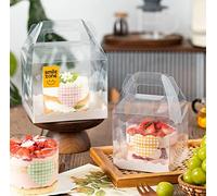 LATERN 10Pcs Clear Cake Boxes, 4 Inch Plastic Cake Box Square Gift Box Cupcake Boxes Display Boxs Carrier Cake Holder with Handle and Base for Wedding Birthday Party Baby Shower Favors