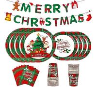 LATERN 114Pcs Christmas Paper Party Tableware Set, 24 x 9 Inch Dinner Plates, 24 x 7 Inch Salad Plates, 24 x 270ml Cups, 24 x Napkins, 1 x Banner - for 24 Guests Christmas Party Decoration (Plaid)