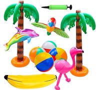 LATERN 11Pcs Inflatable Palm Tree Inflatable Flamingo Parrot Dolphin Banana Beach Ball Toys for Hawaii Party Decor Luau Party Backdrop - with Air Pump