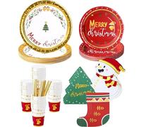 LATERN 127Pcs Christmas Paper Party Tableware, 25 x 9 Inch Dinner Plates, 25 x 7 Inch Salad Plates, 25 x 270ml Cups, 27 x 16CM Napkins, 25 x 19CM Paper Straws - for Christmas Party Decoration