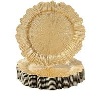 LATERN 12Pcs Reusable Gold Charger Plates, 33CM Reef Plastic Dinner Charger Plate Large Round Serving Plate for Christmas Thanksgiving Halloween Wedding Party Catering Event Table Decoration