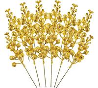 LATERN 14Pcs Christmas Glitter Berries Stems, 19CM Artificial Christmas Picks Simulation Holly Berries Pine Branch for Christmas Tree Ornaments, DIY Xmas Wreath, Holiday and Home Decor (Gold)