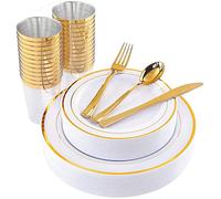 LATERN 150Pcs Multi-Use Gold Plastic Dinnerware Set, 25 x Resuable Dinner Plates, 25 x Salad Plates, 25 x Knives, 25 x Mini Forks, 25 x Spoons, 25 x 300ml Cups for Wedding Anniversary Garden Party