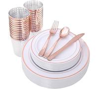 LATERN 150Pcs Multi-Use Rose Gold Plastic Dinnerware Set, 25 x Reusable Dinner Plates, 25 x Salad Plates, 25 x Knive, 25 x Mini Forks, 25 x Spoons, 25 x 300ml Cups for Wedding Anniversary Garden Party