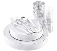LATERN 150Pcs Multi-Use Silver Plastic Dinnerware Set, 25 x Resuable Dinner Plates, 25 x Salad Plates, 25 x Knives, 25 x Mini Forks, 25 x Spoons, 25 x 300ml Cups for Wedding Anniversary Garden Party