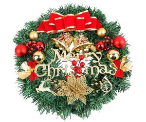 LATERN 30CM Christmas Wreath, Artificial Christmas Front Door Wreath Merry Christmas Pine Garland with Bowknot Bell Deer Red Berry Flower for Door Wall Fireplace Window Xmas Tree Decoration