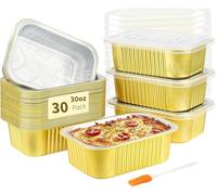 LATERN 30Pcs Small Aluminum Pans with Lids, 900ml Foil Baking Tin Leftover Container Takeout to Go Food Container Mini Loaf Pans for Baking Cooking Roasting Meal Prep Freezer Heating Takeout (Gold)