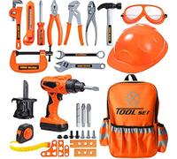 LATERN 32Pcs Kids Construction Tool Toy Kit, Building Play Tools Kit Included Backpack Power Drill Chuck Saw Bits Helmet Wrench Pliers Screwdriver Tape Measure for Kids Construction Pretend Play