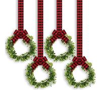 LATERN 4Pcs Christmas Boxwood Wreaths, 22CM Faux Boxwood Wreaths Artificial Green Leaves Wreaths with Ribbon for Christmas Wall Window Front Door Decors (Black and Red, Fabric)