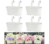 LATERN 4Pcs Metal Hanging Flower Pots, 27.5cm Large Plant Pots Hanging Flower Bucket with Detachable Hook for Balcony Fence Garden Home Decor (White)