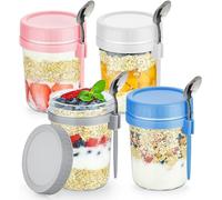 LATERN 4Pcs Overnight Oats Jars, 360ml Glass Mason Jars Measurement Marks Food Storage Containers with Lids and Spoons for Oats Cereal Fruit Milk Salad Yogurt Meal Prep