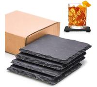 LATERN 4Pcs Slate Drink Coasters, 10CM Square Black Stone Coaster Engravable Blank Slate Cup Coaster Natural Rough Edge with Anti Scratch Bottom for Drink Coffee Bar Kitchen Home Decor