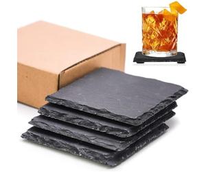 LATERN 4Pcs Slate Drink Coasters, 10CM Square Black Stone Coaster Engravable Blank Slate Cup Coaster Natural Rough Edge with Anti Scratch Bottom for Drink Coffee Bar Kitchen Home Decor
