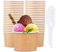 LATERN 50Pcs Paper Ice Cream Bowls with 50Pcs Spoons, 12oz /360ml Disposable Paper Serving Bowls for Hot and Cold Food Soup Sundae Frozen Yogurt Dessert (Brown)