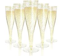 LATERN 54Pcs Plastic Champagne Flutes, 150ml Gold Glitter Champagne Glasses Reusable Stemmed Party Wine Cups for Garden Wedding Anniversary Shower Parties (5 x 17cm)