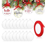 LATERN 60Pcs Christmas Bauble Clear Acrylic Disc Ornaments, 10CM Round Acrylic Christmas Ornaments Blank Flat Baubles with Holes and Red Ribbon for Christma Tree Party Hanging Decoration