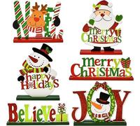 LATERN 6Pcs Christmas Table Decorations, Wooden Tabletop Christmas Sign Merry Christmas Joy Believe Sign Snowman Reindeer Centerpiece for Christmas Holiday Party Indoor Farmhouse Decoration