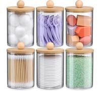 LATERN 6Pcs Cotton Pad Holders with Bamboo Lid, 10oz Acrylic Qtip Holder Bathroom Canisters Jar Dispenser Cotton Swab Ball Pad Holder for Vanity, Small Qtip Container with 12Pcs White Labels
