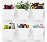 LATERN 6Pcs Large Pegboard Cups with Hooks, 1/4" 1/8" Peg Board Storage Bin Square Box Shape Holder Pegboard Wall Organizer Containers for Workbench Craft Room Office Playroom Organization (White)
