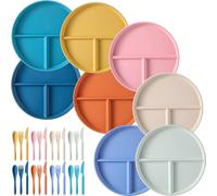 LATERN 8Pcs Divided Dinner Plates, 9 Inch Unbreakable Plastic Diet Plates Portion Control Divided Dishes with Reusable Spoon Knife Fork for Adult Children Kids Dinner (8 Colors)