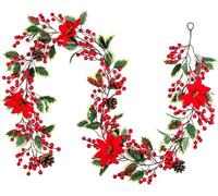 LATERN Christmas Red Berry Garland, 200CM Artificial Poinsettia Garland Flexible Greenery Garlands with Pine Cones and Holly Leaves for Winter Christmas Holiday New Year Party Decoration