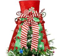 LATERN Christmas Tree Topper, 30CM Large Red Xmas Tree Top Hat with Striped Bow Ribbon and Lollipop for Home Christmas Holiday Winter Decor Desktop Ornaments