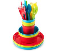 LATERN Pack of 24 Reusable Plastic Tableware, 4 x Unbreakable Children's Plates & Salad Bowls, 4 x 240 ml Cups, 4 x Reusable Knife Fork Spoons - for Cereal, Soup, Snack, Fruit, Salad