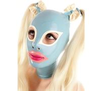 Latex Hood with Braids and Bows, Blue Full Face Cover with Zipper for Master, Queen, Sex, BDSM, Party, Cosplay, Holiday