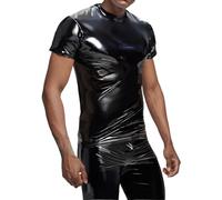 Latex-like men's top patent look undershirt top patent leather wetlook t-shirt slim fit shiny tops sexy party clubwear short sleeve shirts muscle shirt, black, S