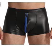 Latex-like shorts with front zip - wetlook shorts with zip, Black/blue, XXL