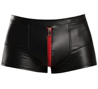 Latex-like shorts with front zip - wetlook shorts with zip, black/red, M