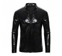 Latex T-Shirt Men's Long Sleeve Shiny Leather Adjustable Drawstring Wetlook Muscle Fit Party Club Motorcycle Leisure Tops Blouse Tops