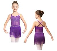 Latin Dance Dress for Girls Tassel Dresses Latin Jazz Dancing Outfit Salsa Tango Performance Fringed Costume Purple 9-10 Years