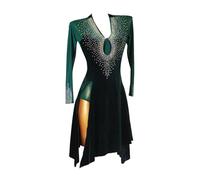 Latin Dance Dresses for Women, Long Sleeve V-Neck Velvet Tango Cha Cha Dancing Outfit Split Rhinestone Competition Dance Costume Practice Clothes Green
