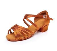 Latin Dance Shoes for Girls Women Low Heels 3.41 cm Chacha Salsa Jazz Ballroom Dancing Shoe for Beginners Practice Game Brown