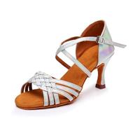 Latin Dance Shoes for Women Adults Colorful PU Leather Satin Ballroom Dancing Rumba Braid Sneakers(PU 7.5cm Silver,39)