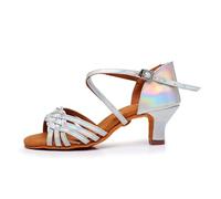Latin Dance Shoes for Women Adults Colorful PU Leather Satin Ballroom Dancing Rumba Braid Sneakers(PU 5.5cm Silver,38)