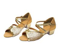 -Latin Dance Shoes Indoor Soft Sole Flat Heel Sequin Dance Shoes Satin Dance Shoes Indoor Elephant Sandals (Gold, 33 Big Kids)