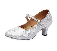 Latin Shoes Women's Dance Shoes, Mid-High Heels, Modern Glitter Sequins, Soft Tango Flat, Professional Bachata Party Performance, White, 41 EU