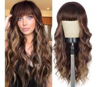 Lativ Brown Wig With Bangs Long Wavy Brown Mixed Blonde Highlight Wig With Dark Roots Ombre Natural Curly Synthetic Durable Fiber Wigs For Women Use Diaries