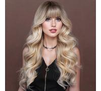 Lativ Ombre Wig with Bangs Long Wavy Curly Blonde with Dark Roots Heat Resistant Synthetic Wigs for Women Daily Use 26 Inch