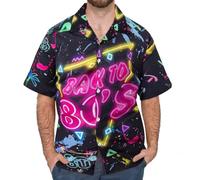 LATOBREATH Classic 80s 90s Men Disco Shirts Hawaiian Beach Shirt Button Up Retro Neon Funny Party, Black-back to 80s, 3XL