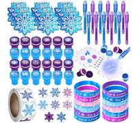 Latocos 61pcs Snowflake Party Bag Fillers Princess Party Favours Invisible Ink Spy Pens Notebook Set Stamper Silicone Wristband Snowflake Sticker Princess Birthday Party Supplie