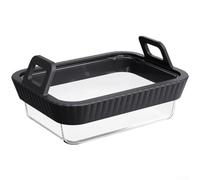 LatoYard Air Fryer Glass Baking Pan with Silicone Handle Heat Resistant Square Container for Dual for Zone Cookers Lasagne Dishes Prep Bowls 21x16cm(1 Black)