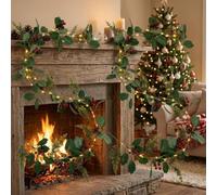 LatoYard Green Artificial Holiday Garland 2 Pack 68.9 Inch with Holly | Festive 2 Piece Fake Christmas Garland 175cm with for Red Berries and Pine Mantel for Door Frame