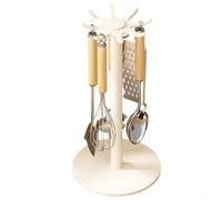 LatoYard Kitchen Utensil Holder Rotating Base with Hooks - Large Storage for Cooking Tools - Sturdy Metal Organizer Gunmetal Gray 40.5x14cm(Cream White)