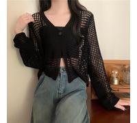 LatoYard Women's Cardigan Long Sleeve Mesh Knit Top Hollow Out Lightweight Sweater Open Front Summer Outerwear Apricot Black XS-2XL