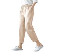 LatoYard Women's Cotton Linen Trousers Comfortable Soft Elastic Waist Ninth Length Pants for Daily Office Casual Look L-4XL