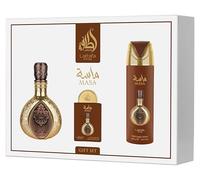 Lattafa Pride Masa Gift Set 3-Piece (100ml EDP + 200ml Perfumed Body Spray + 20ml Travel EDP) - Unisex Long-Lasting Fragrance - Saffron, Lemon, Mango, Amber, Suede