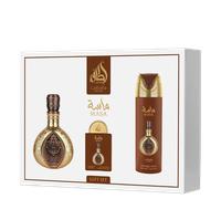 Lattafa Pride Masa Gift Set 3-Piece (100ml EDP + 200ml Perfumed Body Spray + 20ml Travel EDP) - Unisex Long-Lasting Fragrance - Saffron, Lemon, Mango, Amber, Suede